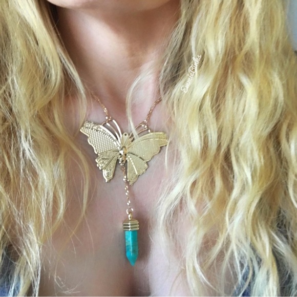 Private Label Jewelry - 💥3for$28  New Golden Butterfly & Turquoise Marbled Crystal Charm Necklace